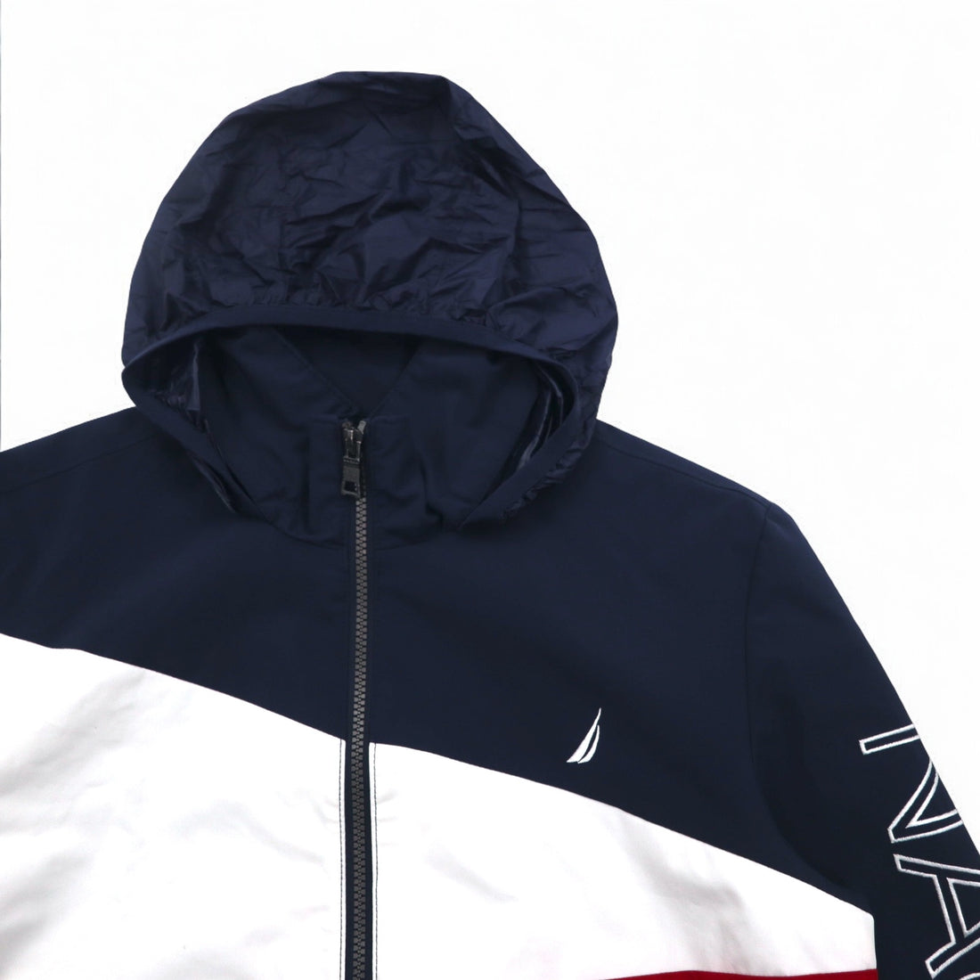 NAUTICA Sailing Jacket Nylon Jacket M Tricolor Navy Sleeve Logo Retractable Hood