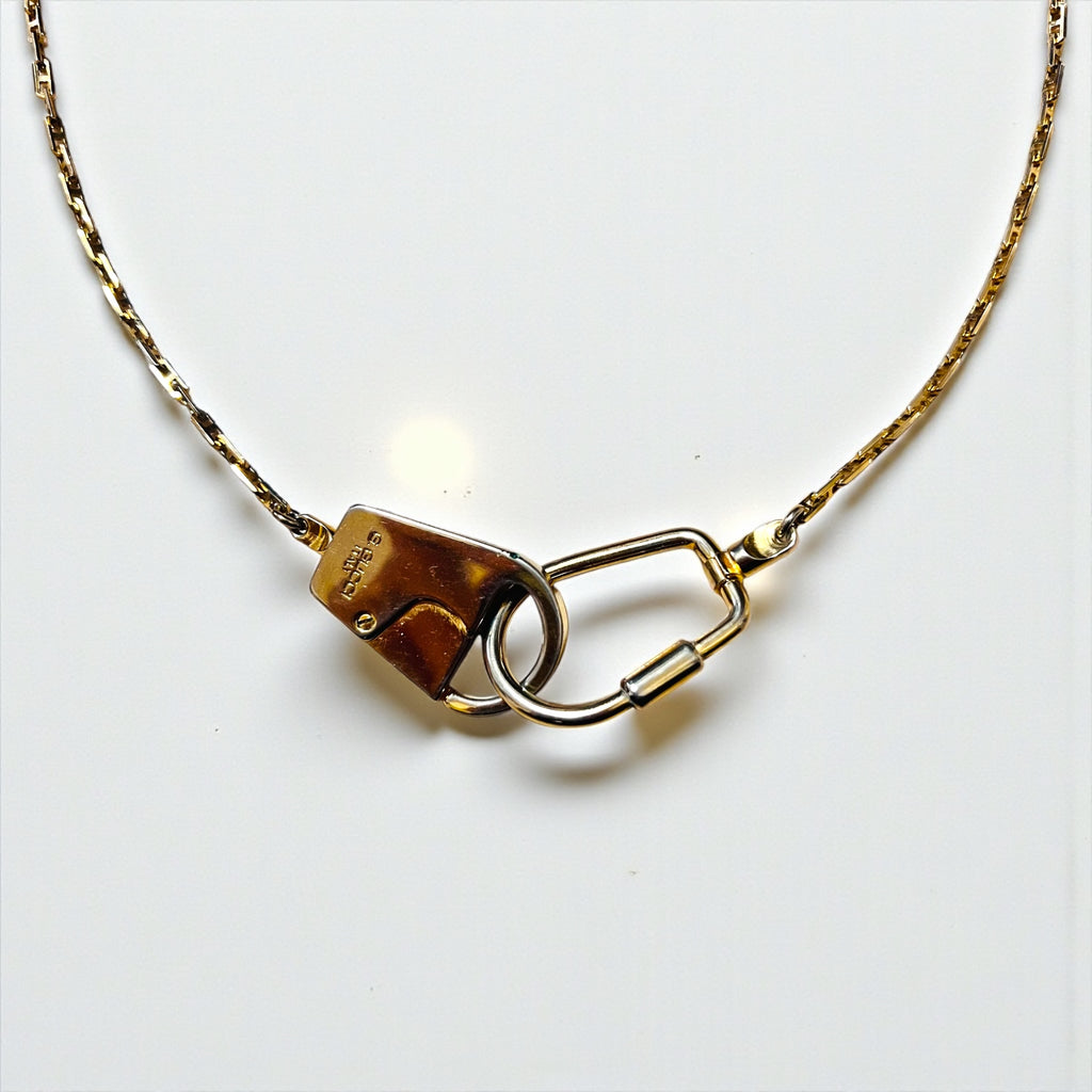 GUCCI 80s Made in Italy Vintage Old 2-Way Carabiner Necklace Key Chain Gold Lock G.GUCCI
