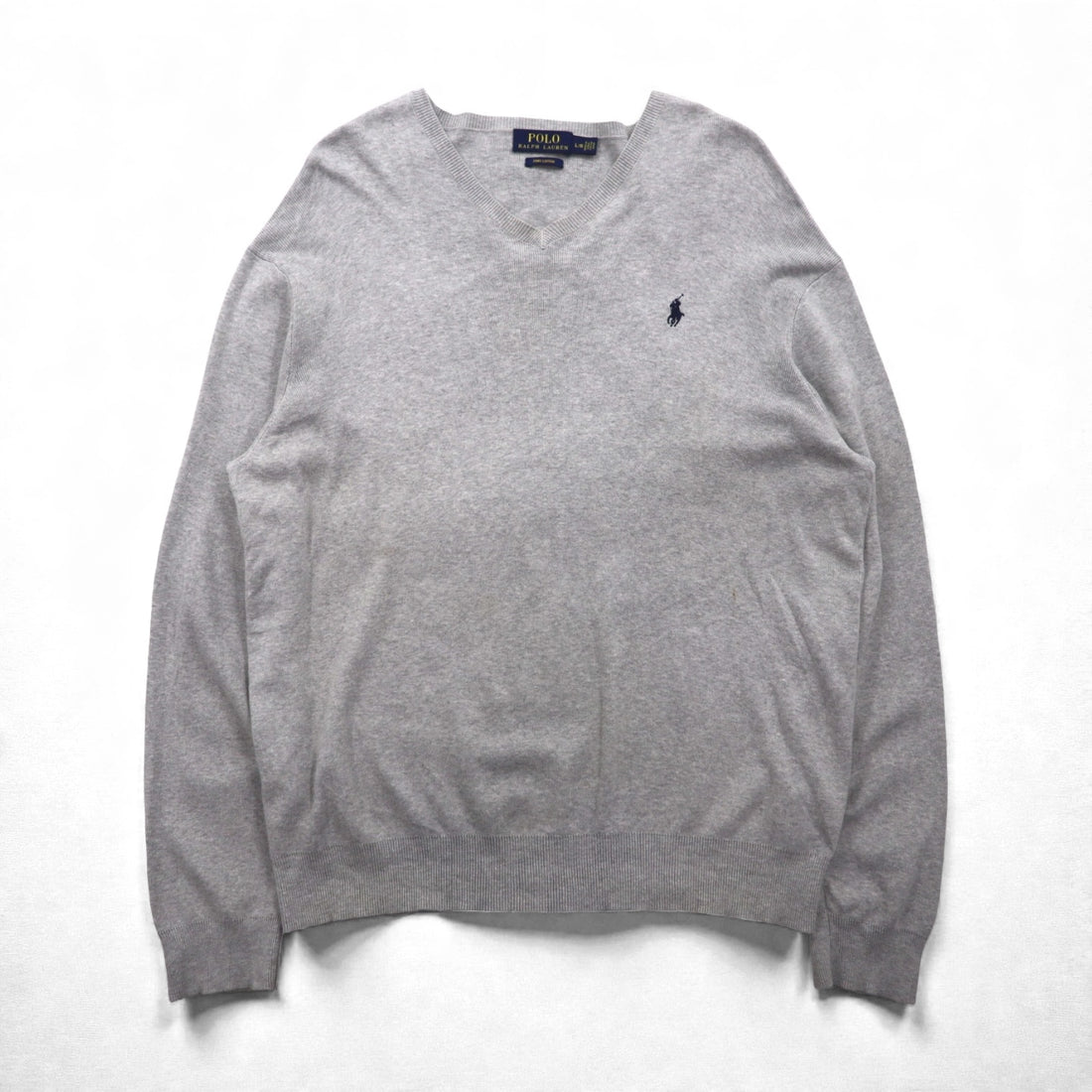Polo Ralph Lauren V-Neck Pima Cotton Knit Sweater L Gray Small Pony Embroidery