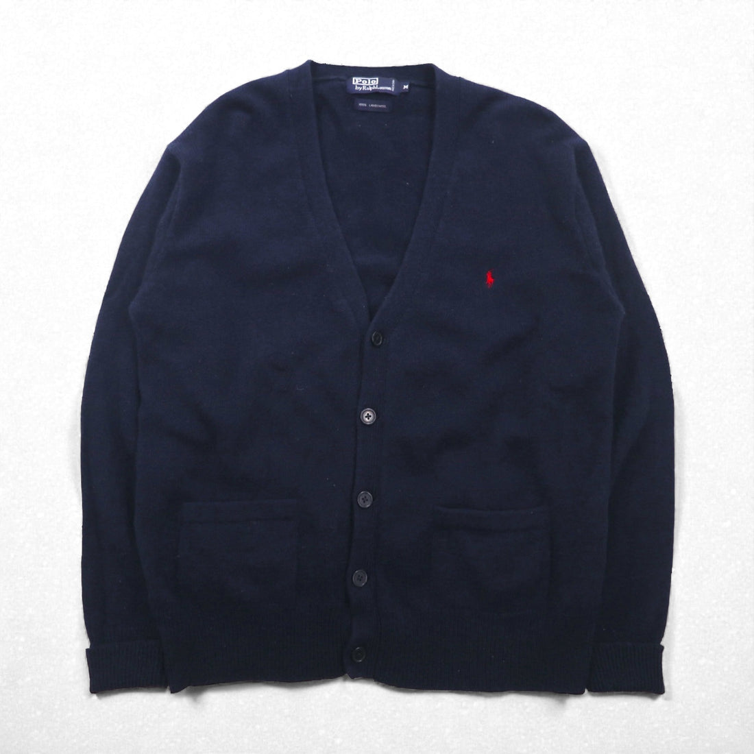 Polo Ralph Lauren 90s Lamb Wool Knit V Neck Cardigan M Navy Small Pony Embroidery