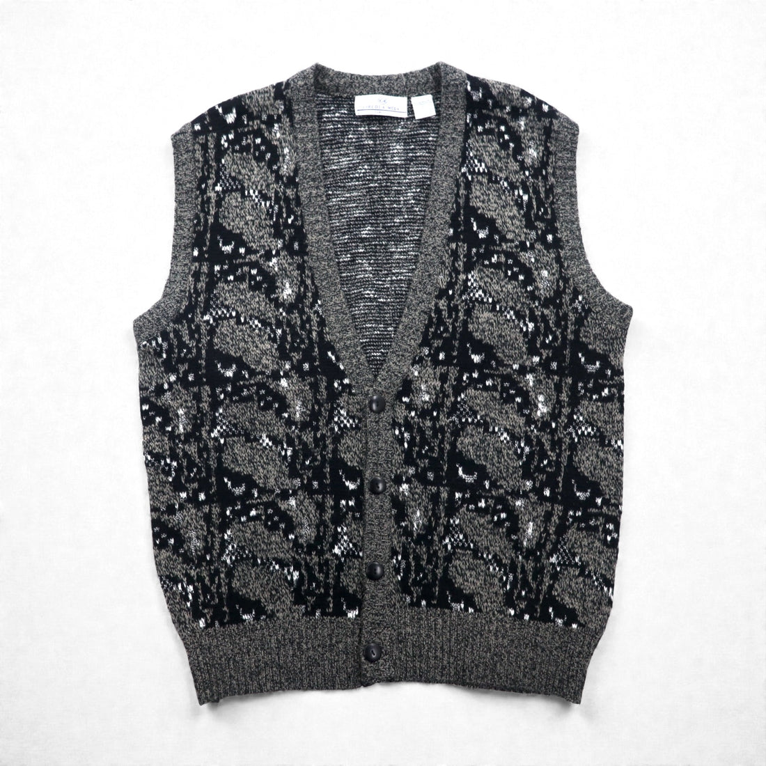 CICOLA MODA 80s Jacquard Knit Button Vest, XL, Gray Acrylic Allover Pattern