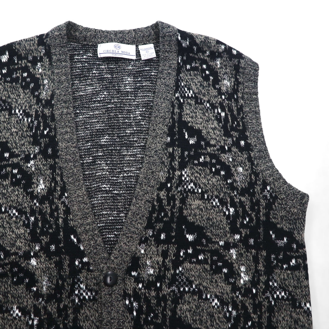 CICOLA MODA 80s Jacquard Knit Button Vest, XL, Gray Acrylic Allover Pattern