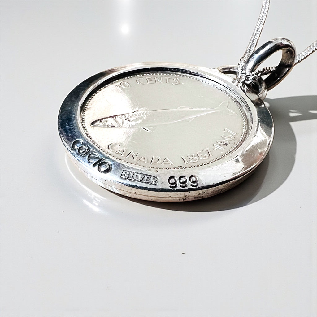 Vintage Silver 999 Coin Necklace, Canada 1867-1967, 10 Cents Queen Elizabeth II 1867-1967