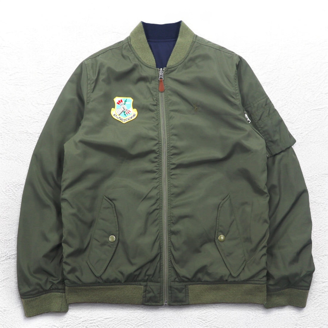 POLO RALPH LAUREN Reversible MA-1 Flight Jacket L Khaki Navy Polyester Patch Small Pony Embroidery TALON Zip