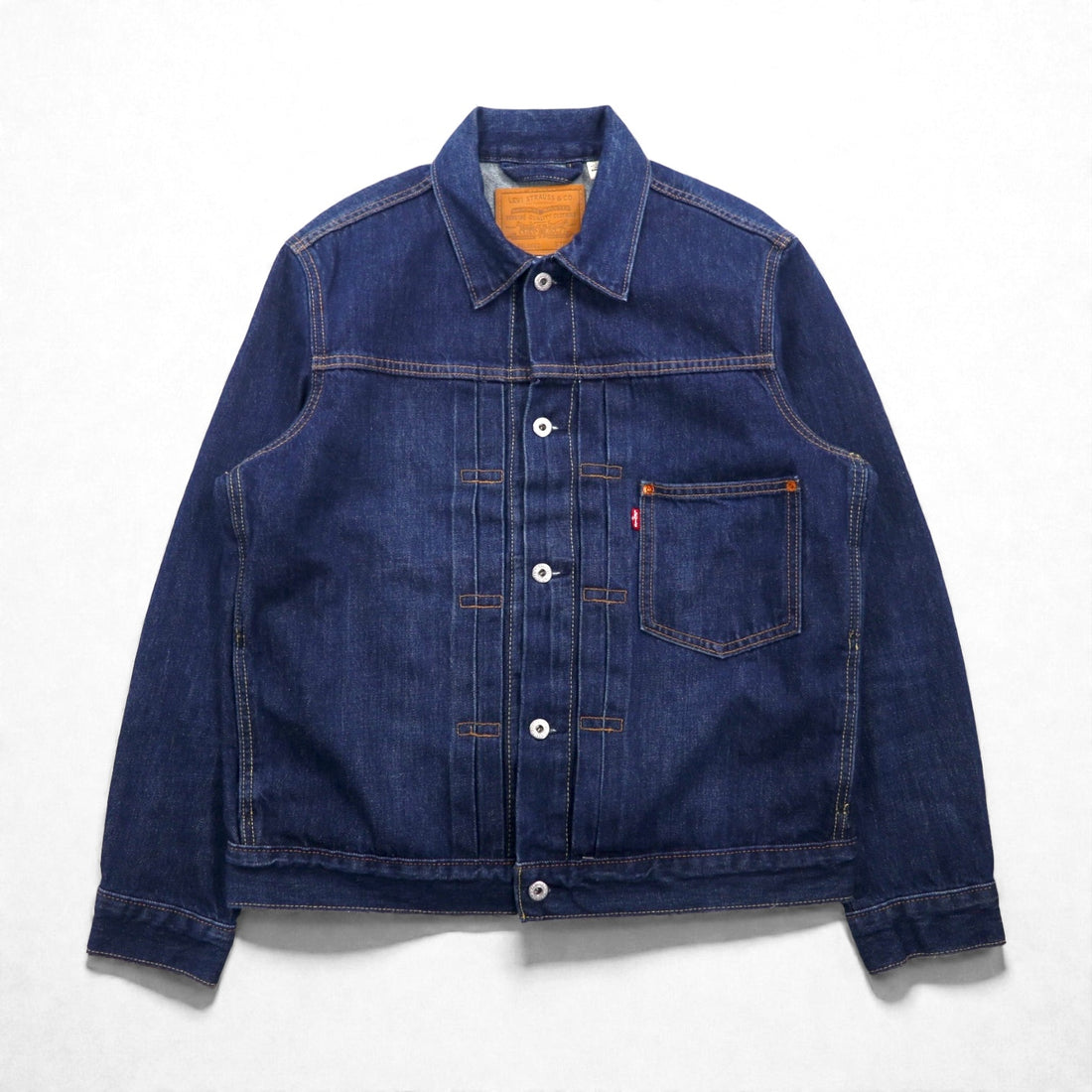 Levi's Premium Big E War Model 1st Type Denim Jacket, Size M, Indigo 1 Trucker Jacket A3147, Cinch Back, Double Pleats, Relaxed Fit