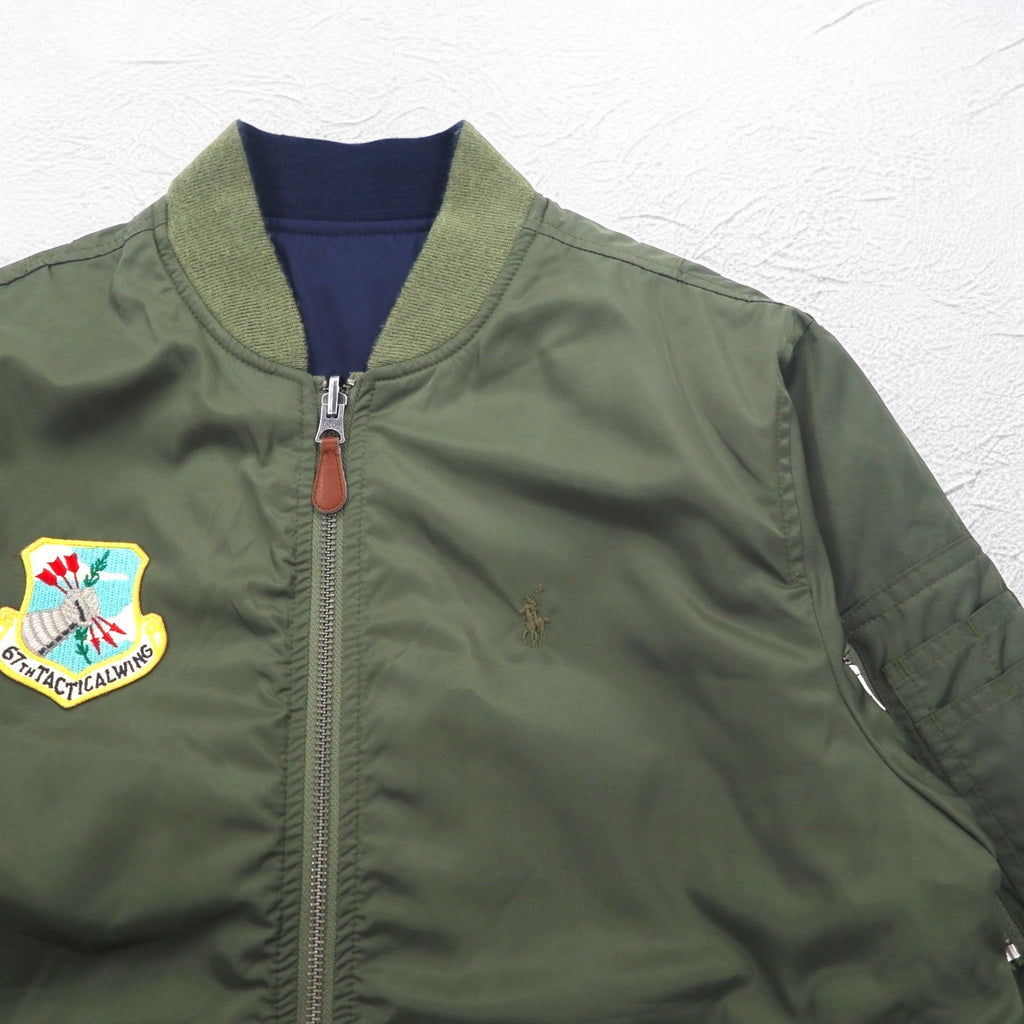 POLO RALPH LAUREN Reversible MA-1 Flight Jacket L Khaki Navy Polyester Patch Small Pony Embroidery TALON Zip