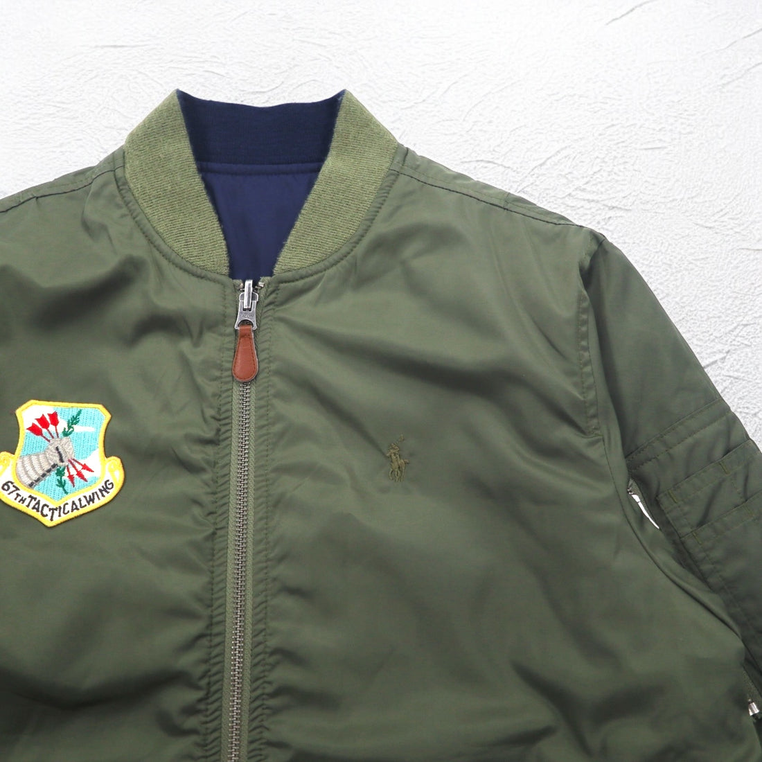 POLO RALPH LAUREN Reversible MA-1 Flight Jacket L Khaki Navy Polyester Patch Small Pony Embroidery TALON Zip