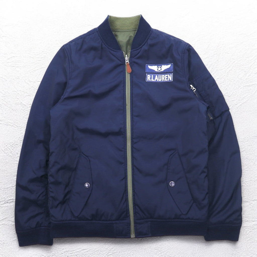 POLO RALPH LAUREN Reversible MA-1 Flight Jacket L Khaki Navy Polyester Patch Small Pony Embroidery TALON Zip