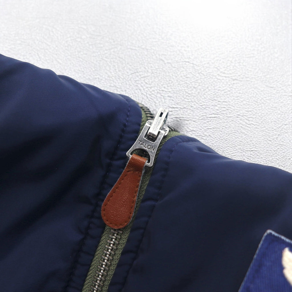 POLO RALPH LAUREN Reversible MA-1 Flight Jacket L Khaki Navy Polyester Patch Small Pony Embroidery TALON Zip