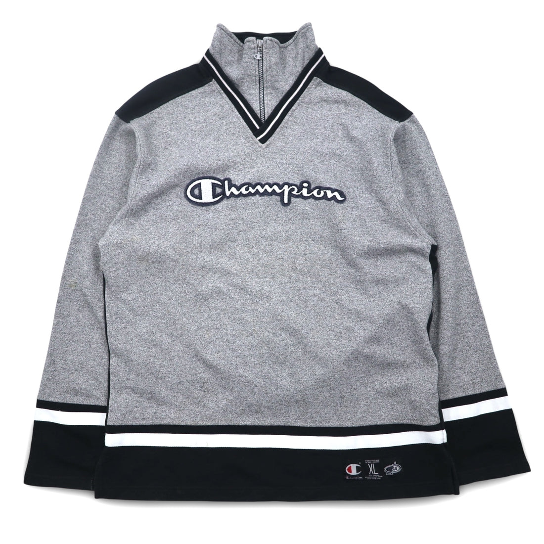 Champion USA 90s Made in Italy Half Zip Layered Sweatshirt XL Grey Cotton Script Logo Patch