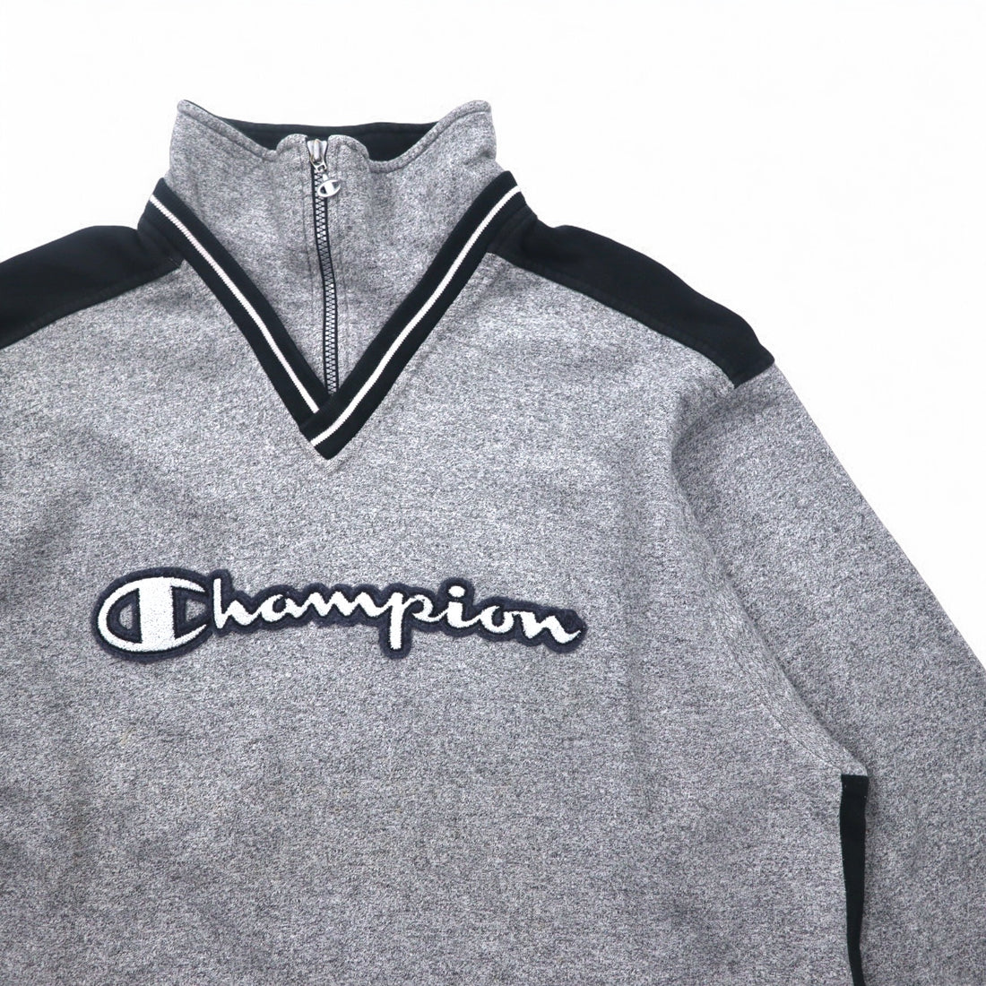 Champion USA 90s Made in Italy Half Zip Layered Sweatshirt XL Grey Cotton Script Logo Patch