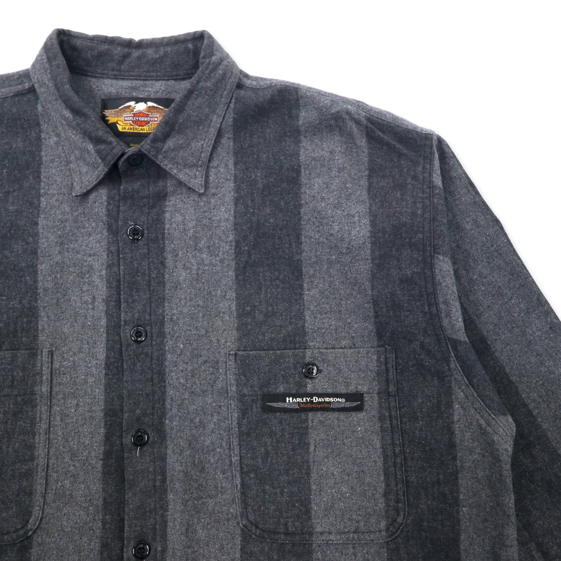 HARLEY DAVIDSON Flannel Work Shirt L Grey Striped Cotton Made in Mexico