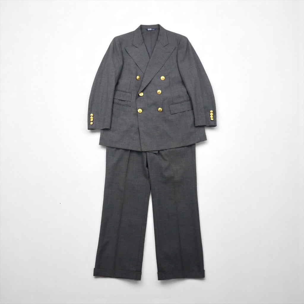 Polo Ralph Lauren 80s Made in Japan Peak Lapel Double-Breasted Suit, Size M, Gray, Gold Buttons