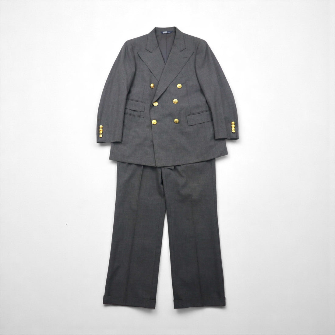 Polo Ralph Lauren 80年代 日本製 ピークドラペル ダブルブレスト セットアップ スーツ M グレー 金ボタン