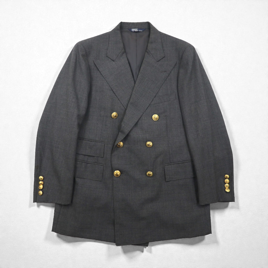 Polo Ralph Lauren 80s Made in Japan Peak Lapel Double-Breasted Suit, Size M, Gray, Gold Buttons