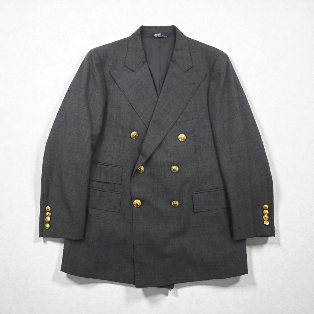 Polo Ralph Lauren 80s Made in Japan Peak Lapel Double-Breasted Suit, Size M, Gray, Gold Buttons