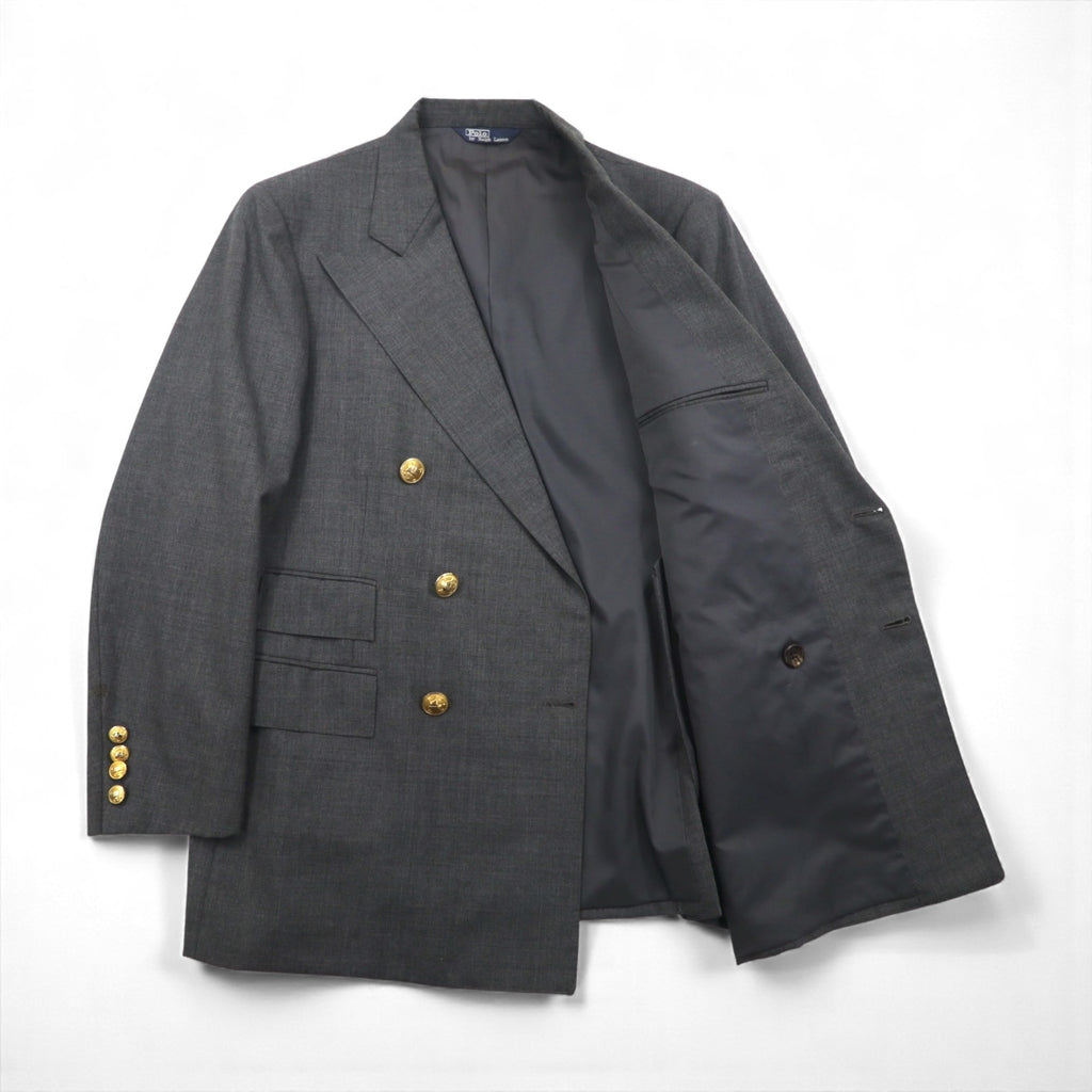 Polo Ralph Lauren 80s Made in Japan Peak Lapel Double-Breasted Suit, Size M, Gray, Gold Buttons