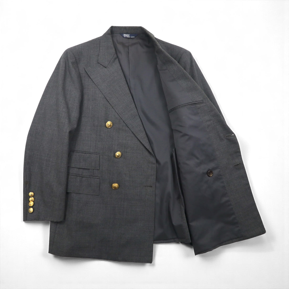 Polo Ralph Lauren 80s Made in Japan Peak Lapel Double-Breasted Suit, Size M, Gray, Gold Buttons