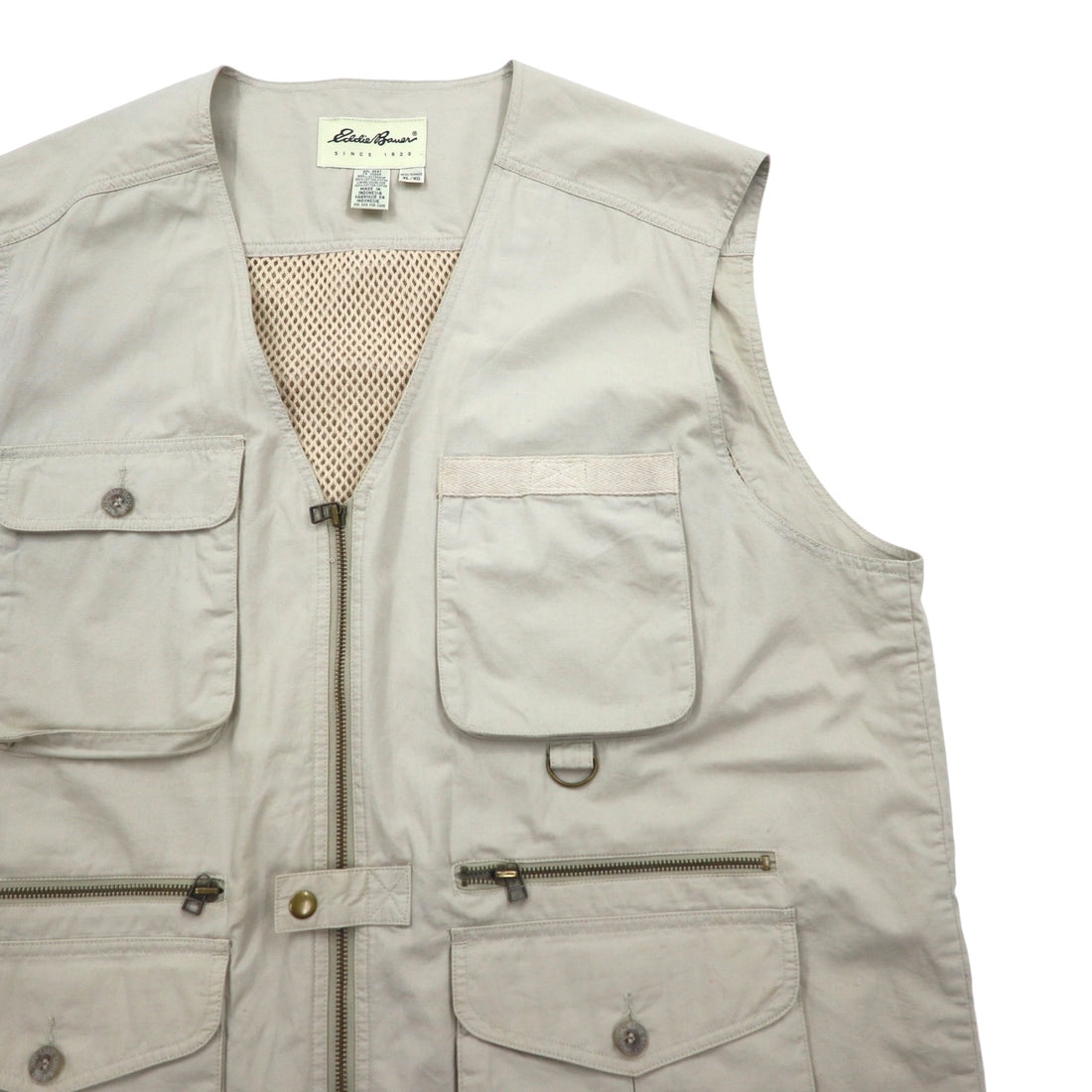 Eddie Bauer 90s Fishing Vest, XL, Beige, Cotton, Mesh Paneling, Drawcord