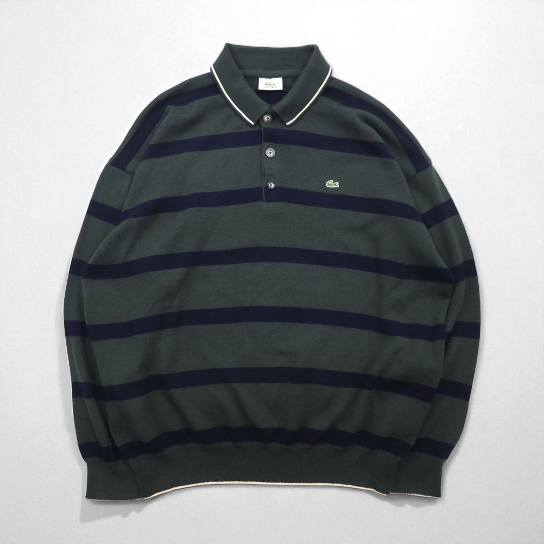 LACOSTE 80s Knit Polo Shirt Sweater, Size XL, Green Wool with Stripes