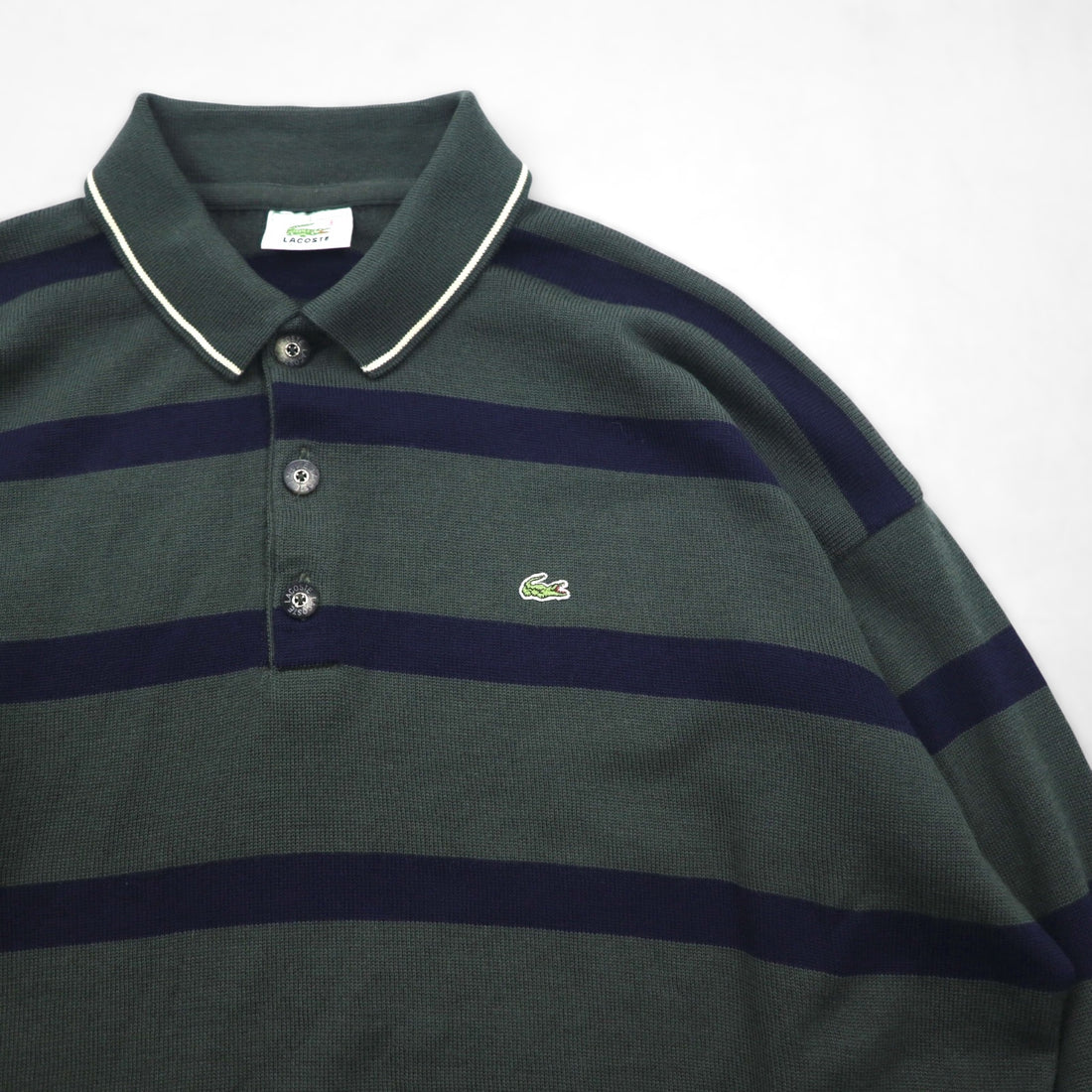 LACOSTE 80s Knit Polo Shirt Sweater, Size XL, Green Wool with Stripes