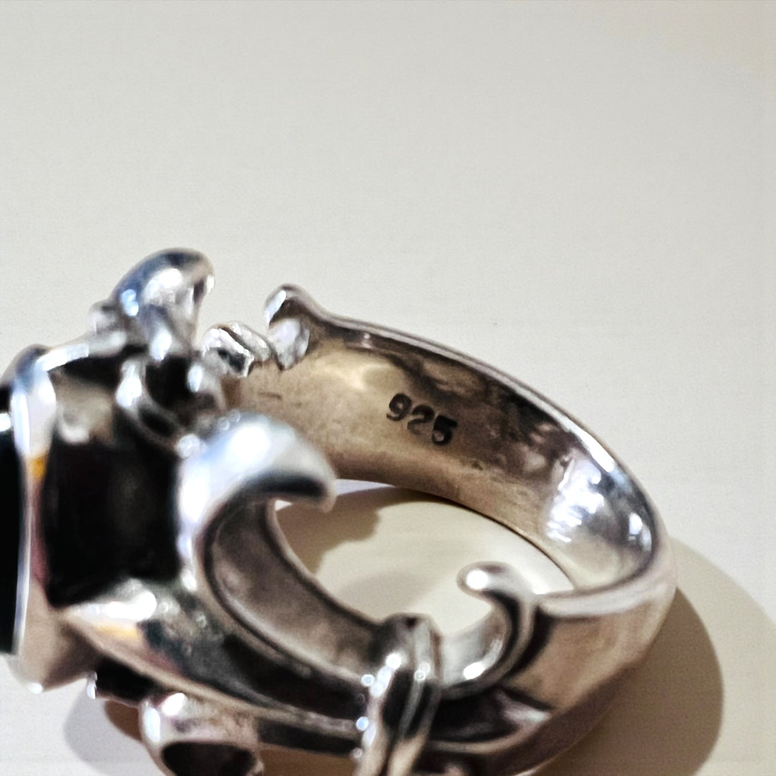 Vintage Silver Onyx Ring, Black Tribal Size 14, 925