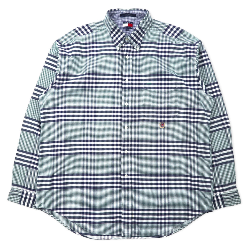 日本然リトテ-古着オンライン-TOMMY HILFIGER 90年代 ボタンダウンシャツ XL ネイビー チェック コットン ワンポイントロゴ刺繍 ビッグサイズ-TOMMY HILFIGER 90's button-down Shirts XL Navy Checked Cotton One Point Logo Embroidery Big Size