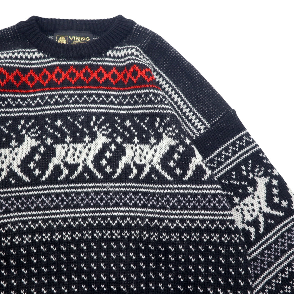VIKING Made in Scotland 90s Birdseye Nordic Pattern Knit Sweater L Black Wool