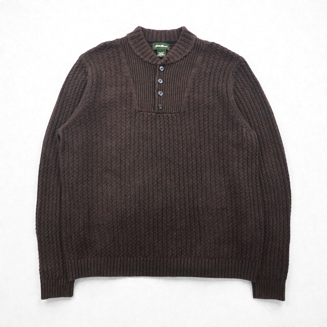 Eddie Bauer Henley Neck Rib Knit Sweater, Large, Brown, Low Gauge Cotton