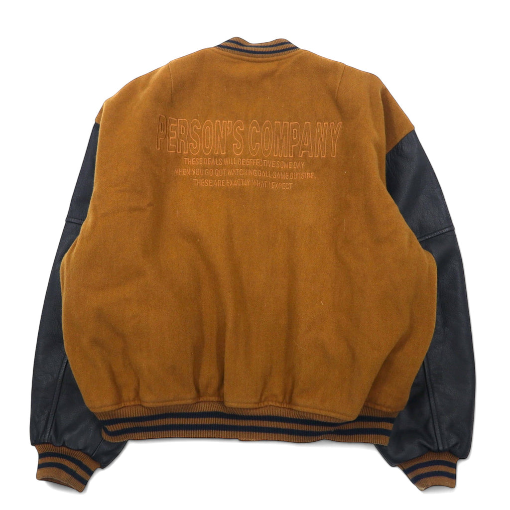PERSON'S 90s Leather Sleeve Stadium Jacket L Brown Wool Cowhide Quilted Liner Logo Embroidery