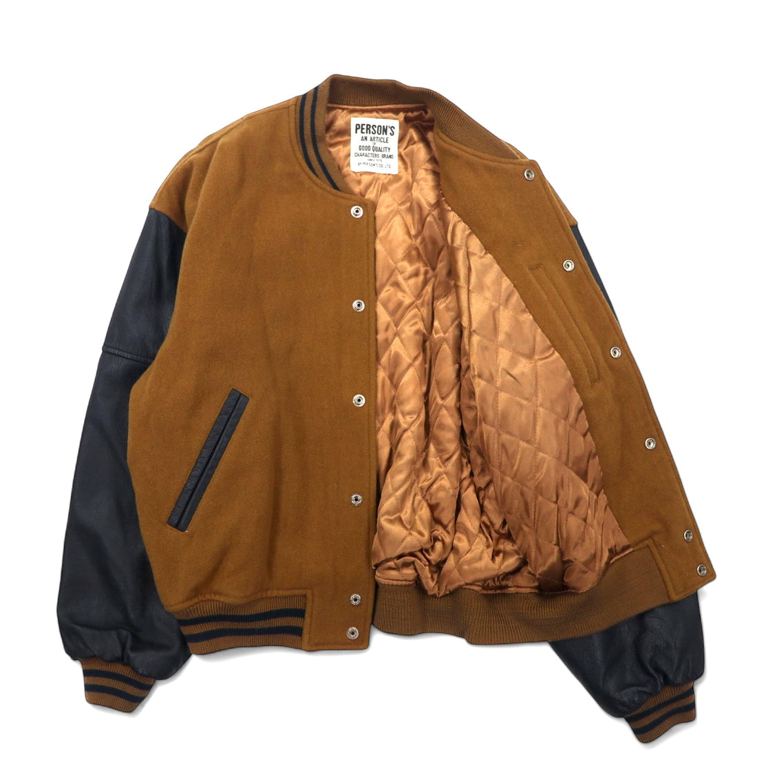 PERSON'S 90s Leather Sleeve Stadium Jacket L Brown Wool Cowhide Quilted Liner Logo Embroidery
