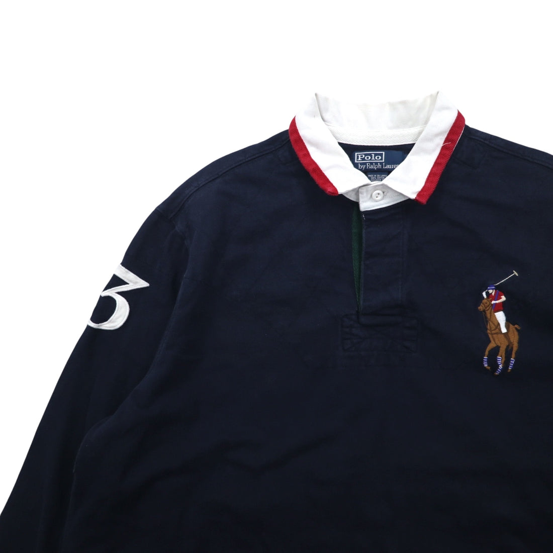 Polo by Ralph Lauren 90s Big Pony Embroidered Rugby Shirt XXL Navy Numbering Elbow Patch Made in Sri Lanka