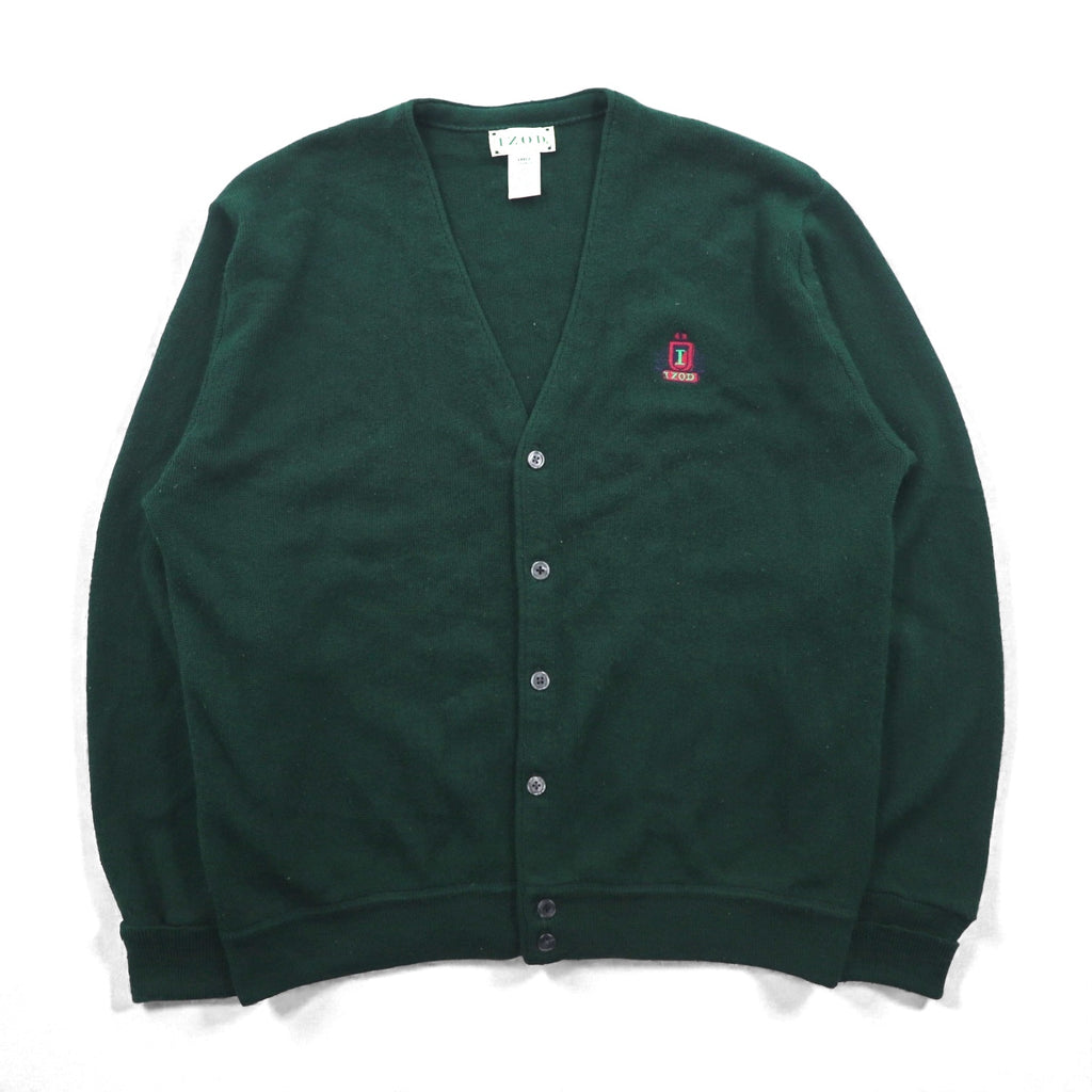 IZOD 90s Acrylic Knit V-Neck Cardigan L Green One Point Logo