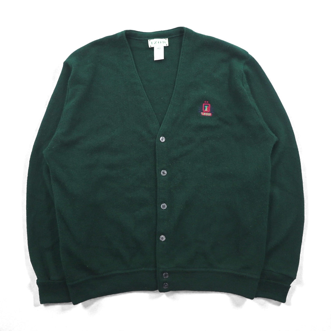 IZOD 90s Acrylic Knit V-Neck Cardigan L Green One Point Logo
