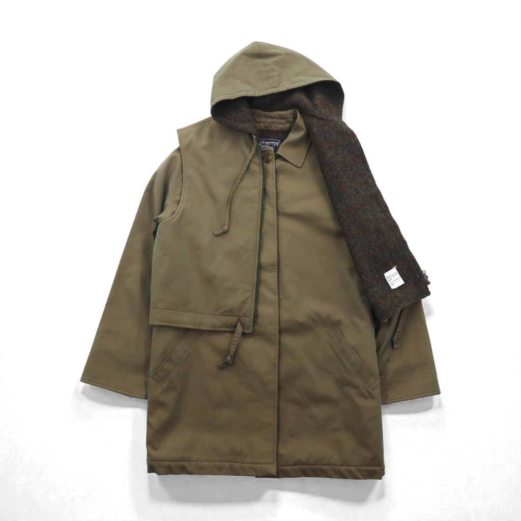 BURBERRY 英国製 90年代 ヴィンテージ 3WAY レイヤード ステンカラーコート M フーデッドベスト ヨーク 一枚袖 玉虫色 裏地ツイード イギリス製