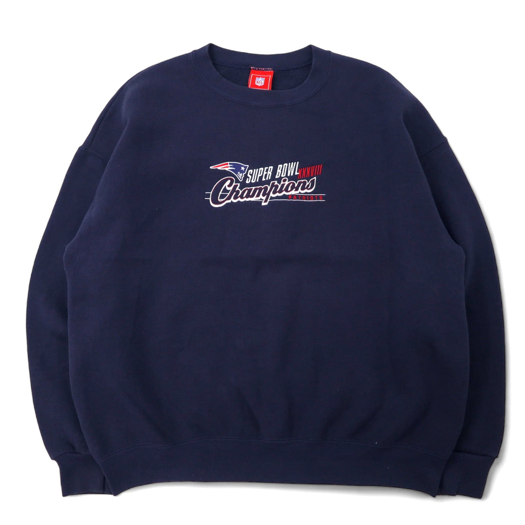 日本然リトテ-古着オンライン-NFL パトリオッツ 刺繍 スウェット XL ネイビー コットン 裏起毛 SUPER BOWL Champions ビッグサイズ-NFL Patriots Embroidery Sweatshirt XL Navy Cotton Brushed Lining SUPER BOWL Champions Big Size