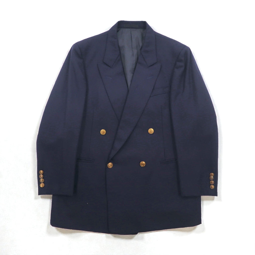 BURBERRY 80年代 日本製 ピークドラペル ダブルブレスト セットアップ スーツ S ネイビー ウール TASMANIA WOOL 紺ブレ 金ボタン ギャバジン