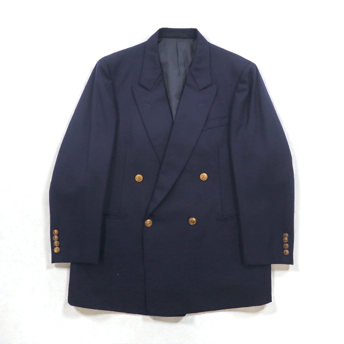 BURBERRY 80年代 日本製 ピークドラペル ダブルブレスト セットアップ スーツ S ネイビー ウール TASMANIA WOOL 紺ブレ 金ボタン ギャバジン