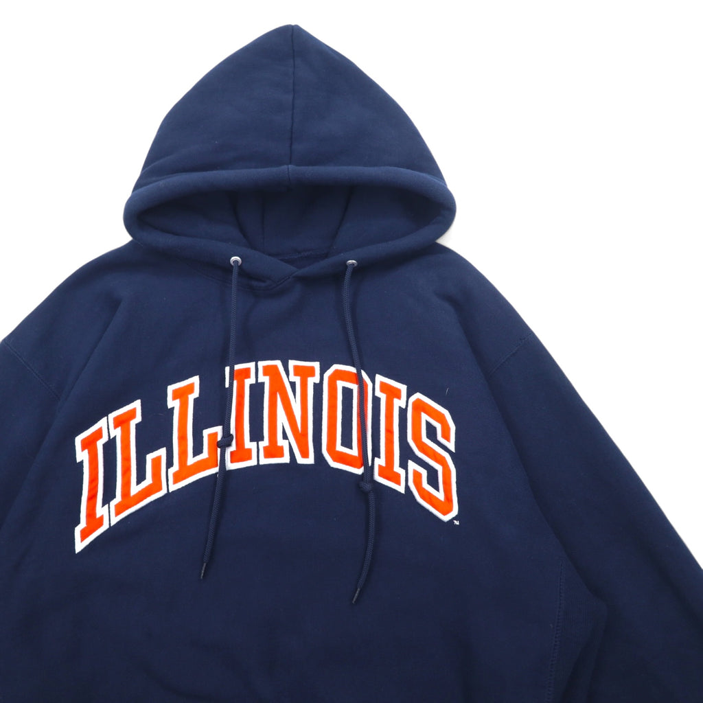 90s STEVE AND BARRY'S Reverse Weave Pullover Hoodie L Navy Polyester College ILLINOIS Arch Logo Big Size