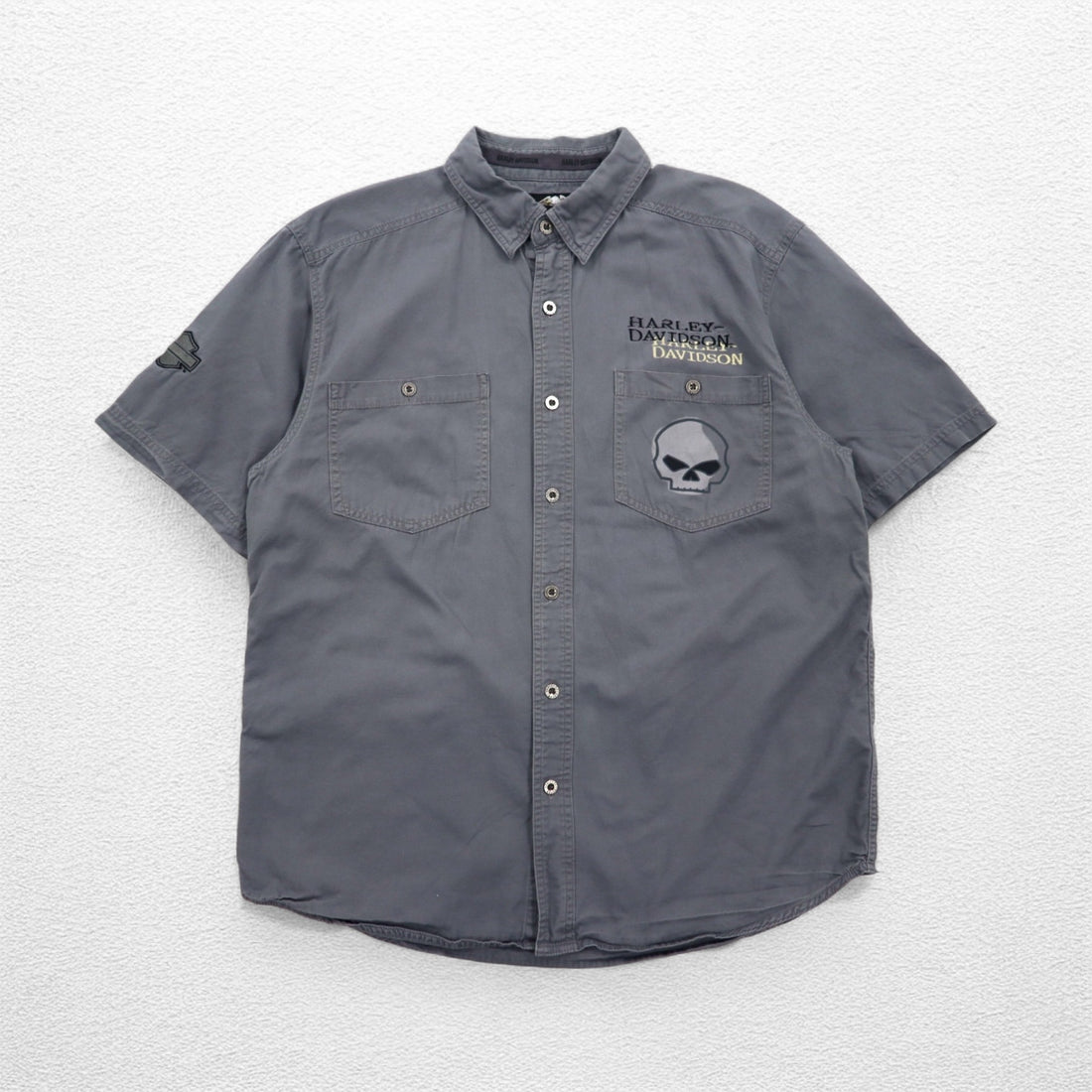 HARLEY DAVIDSON スカルプリント 半袖 ワークシャツ L グレー バックプリント ダブルポケット