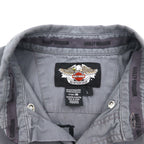 HARLEY DAVIDSON スカルプリント 半袖 ワークシャツ L グレー バックプリント ダブルポケット