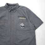 HARLEY DAVIDSON スカルプリント 半袖 ワークシャツ L グレー バックプリント ダブルポケット