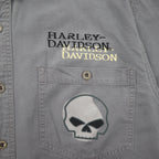 HARLEY DAVIDSON スカルプリント 半袖 ワークシャツ L グレー バックプリント ダブルポケット