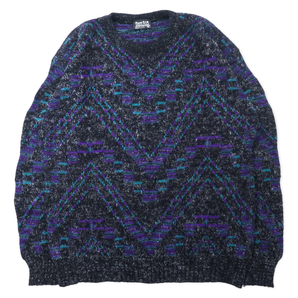 日本然リトテ-古着オンライン-New Era SWEATERS USA製 90年代 シャギーニット セーター XL ブラック アクリル 総柄-New Era Sweaters USA MADE 90's Shaggy Knit Sweater XL Black Acrylic Patterned