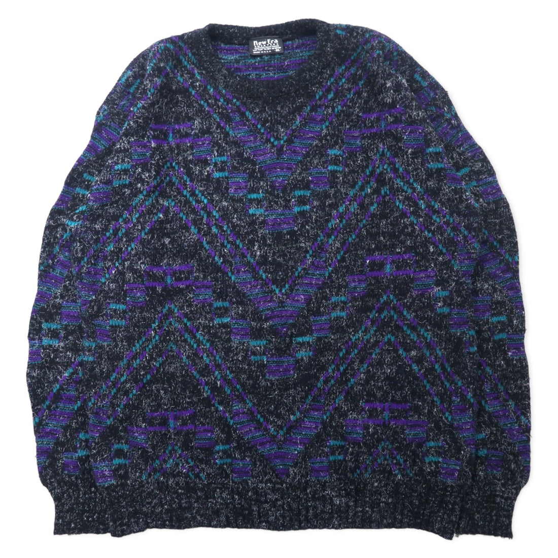 日本然リトテ-古着オンライン-New Era SWEATERS USA製 90年代 シャギーニット セーター XL ブラック アクリル 総柄-New Era Sweaters USA MADE 90's Shaggy Knit Sweater XL Black Acrylic Patterned