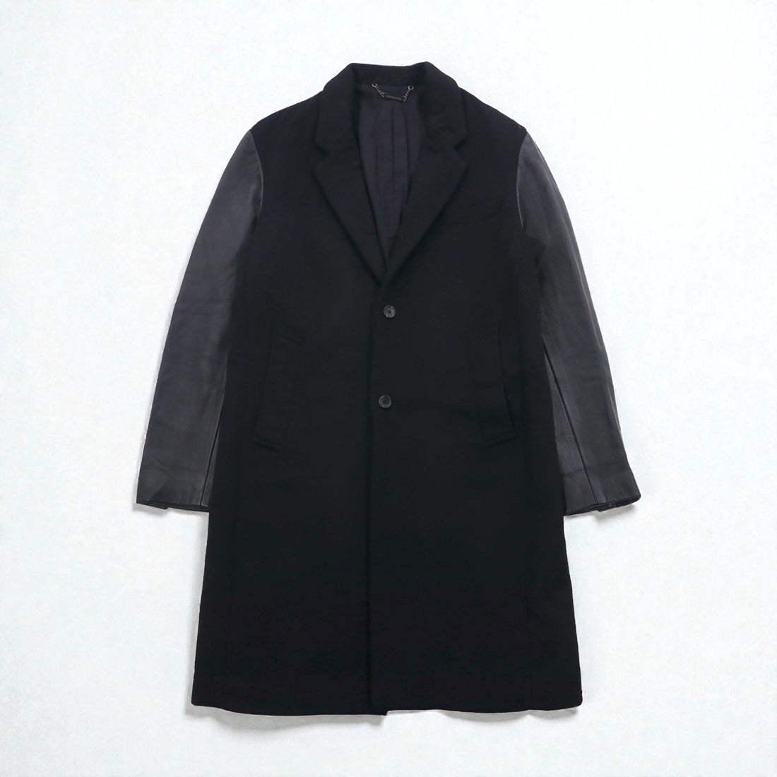 monkey time (UNITED ARROWS) Chesterfield Coat with Leather Sleeves, Size M, Black Wool, Lamb (1286-199-0379)