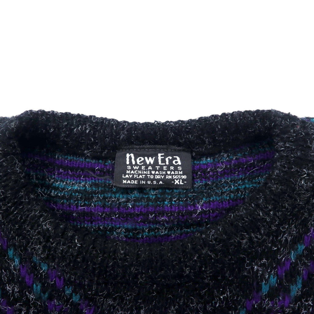 New Era SWEATERS USA製 90年代 シャギーニット セーター XL ブラック アクリル 総柄