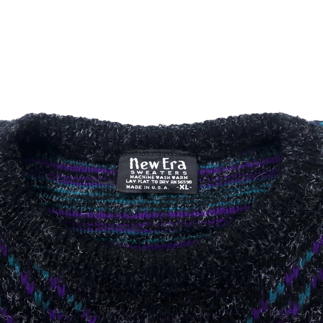 New Era SWEATERS USA製 90年代 シャギーニット セーター XL ブラック アクリル 総柄