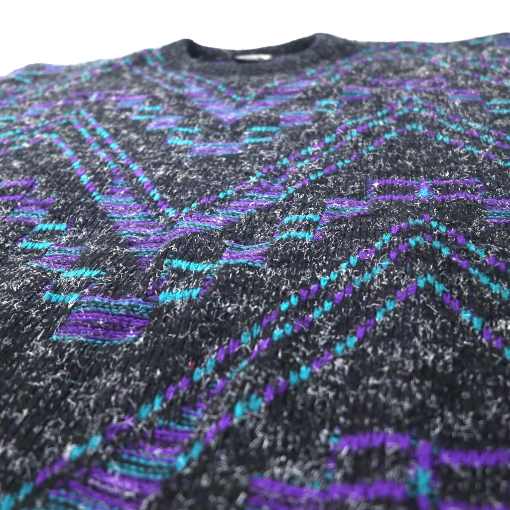 New Era SWEATERS USA製 90年代 シャギーニット セーター XL ブラック アクリル 総柄