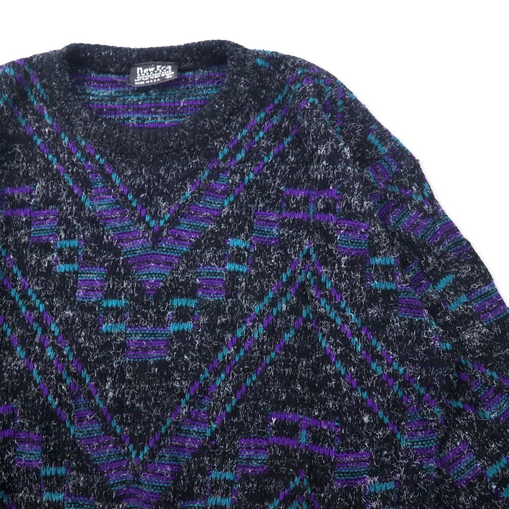 New Era SWEATERS USA製 90年代 シャギーニット セーター XL ブラック アクリル 総柄
